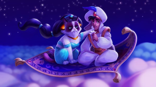 Anime picture 2560x1440 with aladdin disney jasmine grumpy cat aladdin (character) tsaoshin long hair looking at viewer fringe highres short hair blue eyes black hair wide image sitting sky cloud (clouds) tail wind black eyes