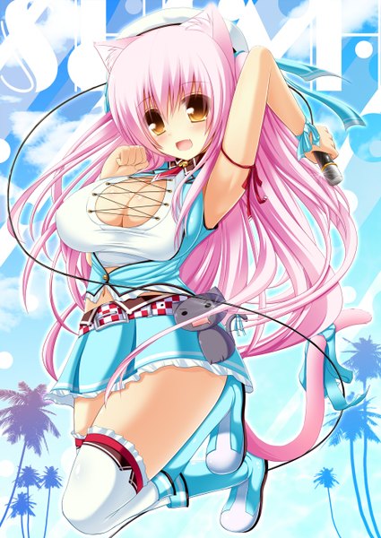 Anime picture 1000x1412 with original shia flatpaddy syroh long hair tall image blush breasts open mouth light erotic large breasts animal ears yellow eyes pink hair animal tail cat ears cat tail girl thighhighs white thighhighs microphone