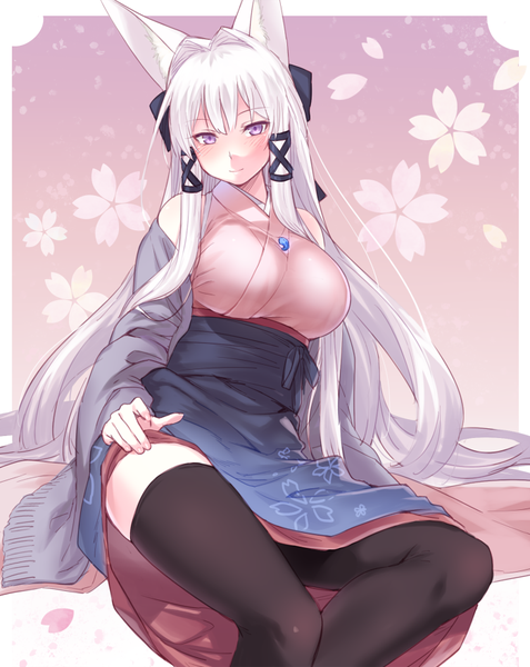 Anime picture 700x880 with original tamamo (yagi) yagi (ningen) single long hair tall image looking at viewer blush breasts light erotic large breasts sitting purple eyes animal ears white hair traditional clothes fox ears border pink background floral background