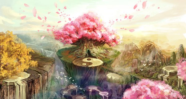 Anime picture 1002x534 with red (pixiv) wide image sky wind sunlight mountain no people rock waterfall yin yang plant (plants) animal petals tree (trees) water bird (birds)