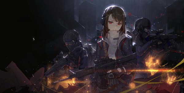 Anime-Bild 2000x1017 mit original kuroduki (pieat) long hair looking at viewer fringe highres red eyes brown hair wide image standing outdoors night multiple boys rain trigger discipline girl boy gloves weapon black gloves