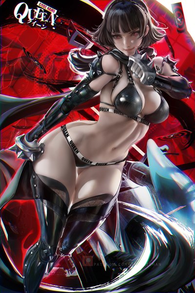 Anime picture 2333x3500 with persona 5 persona niijima makoto sakimichan single tall image blush fringe highres short hair breasts light erotic smile red eyes brown hair large breasts standing looking away blunt bangs lips