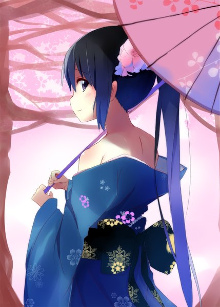 Anime picture 1100x1539 with k-on! kyoto animation nakano azusa kokumu single long hair tall image black hair purple eyes ponytail traditional clothes japanese clothes cherry blossoms girl hair ornament plant (plants) tree (trees) kimono umbrella