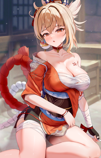 Anime picture 1214x1892 with genshin impact yoimiya (genshin impact) notdes1re (tbot7) single tall image blush fringe short hair breasts light erotic blonde hair hair between eyes red eyes large breasts sitting looking away traditional clothes japanese clothes tattoo skindentation