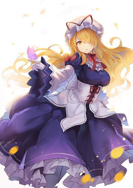 Anime picture 1433x2024 with touhou yakumo yukari rin falcon single long hair tall image looking at viewer fringe breasts open mouth blonde hair white background yellow eyes payot long sleeves head tilt blurry hair over one eye wide sleeves shadow