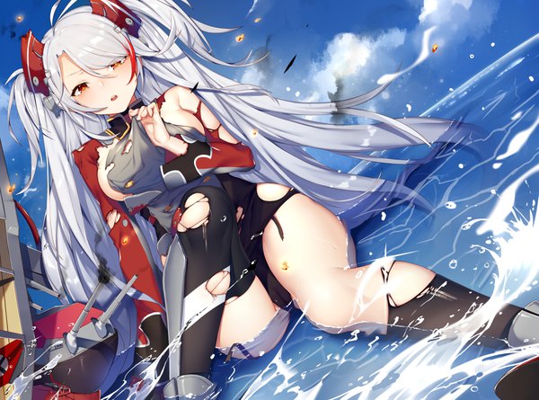Anime picture 4010x2976 with azur lane prinz eugen (azur lane) iiiroha single long hair looking at viewer blush fringe highres breasts light erotic large breasts brown eyes absurdres sky silver hair cloud (clouds) multicolored hair two-tone hair :o