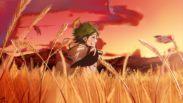 Anime picture 3840x2160 with mushoku tensei studio bind sylphiette (mushoku tensei) ppchen single highres short hair wide image looking away absurdres sky cloud (clouds) outdoors profile green hair pointy ears evening sunset spread arms girl