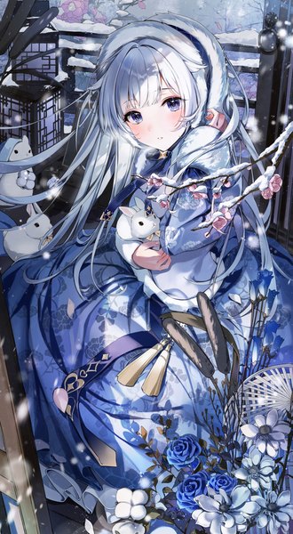 Anime picture 3000x5452 with original eumi 114 single long hair tall image looking at viewer blush fringe highres blue eyes sitting white hair blunt bangs long sleeves traditional clothes parted lips arm up fur trim floral print snowing