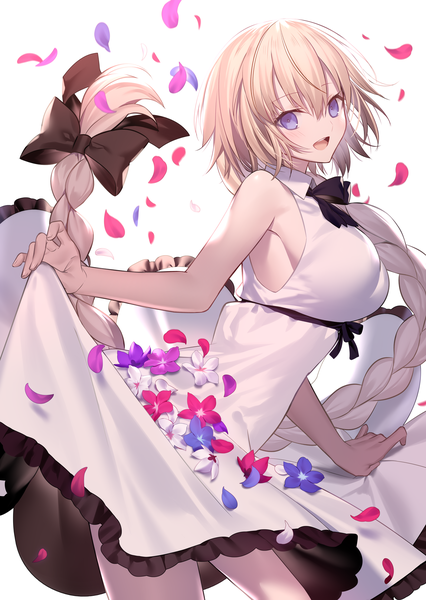 Anime picture 2000x2819 with fate (series) fate/grand order jeanne d'arc (fate) (all) jeanne d'arc (fate) mashima saki (mashimasa) single tall image looking at viewer blush fringe highres breasts open mouth simple background blonde hair smile hair between eyes standing white background purple eyes