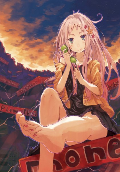 Anime picture 752x1073 with original hrd single long hair tall image looking at viewer blush blue eyes smile sitting pink hair sky cloud (clouds) nail polish barefoot girl toes phone