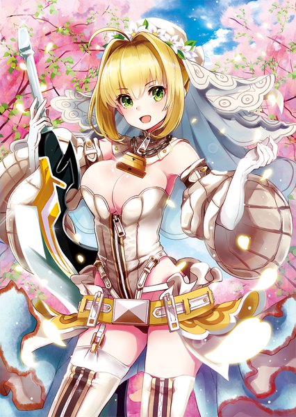 Anime picture 1000x1409 with fate (series) fate/extra fate/extra ccc nero claudius (fate) (all) nero claudius (bride) (fate) pilokey single tall image looking at viewer blush fringe short hair breasts open mouth light erotic blonde hair smile hair between eyes large breasts standing