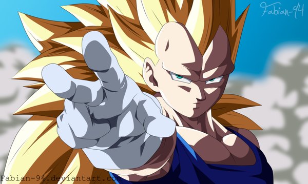 Anime picture 1800x1077 with dragon ball dragon ball z vegeta fabiansm single long hair highres blonde hair wide image green eyes sky coloring smoke muscle boy gloves