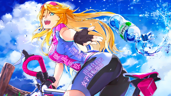Anime picture 2560x1440 with minami-kamakura koukou joshi jitensha-bu sandy mcdougal g yuusuke single long hair looking at viewer highres open mouth blue eyes light erotic blonde hair wide image sky cloud (clouds) ass outstretched arm ;d end card girl gloves