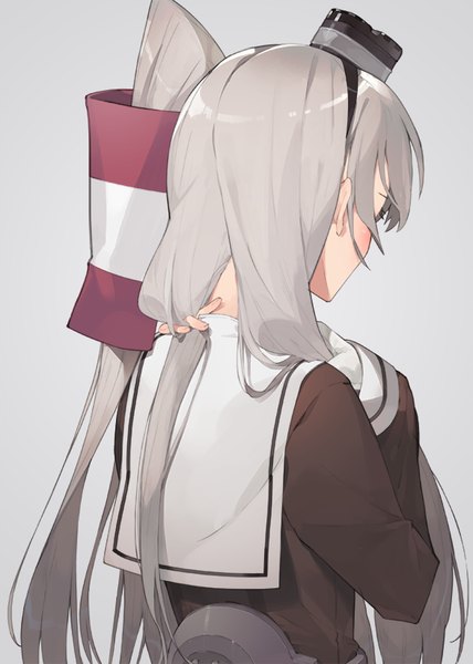 Anime picture 587x821 with kantai collection amatsukaze destroyer hayashi kewi single long hair tall image blush fringe simple background payot silver hair upper body long sleeves from behind grey background two side up side ponytail adjusting hair girl gloves
