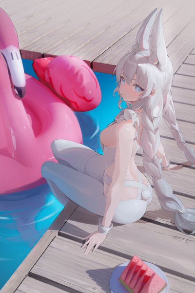 Anime picture 3000x4497 with azur lane le malin (azur lane) le malin (listless lapin) (azur lane) dingding (chongsangjun) single long hair tall image looking at viewer fringe highres breasts blue eyes light erotic hair between eyes sitting animal ears payot ass white hair tail