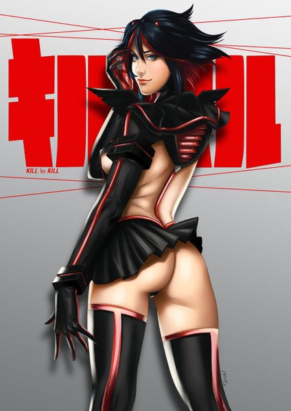 Anime picture 1024x1450 with kill la kill studio trigger matoi ryuuko juan romero single tall image looking at viewer fringe short hair blue eyes light erotic black hair ass red hair looking back multicolored hair light smile lips from behind two-tone hair