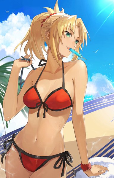 Anime-Bild 2525x3945 mit fate (series) fate/grand order mordred (fate) mordred (swimsuit rider) (fate) hoshi rasuku single long hair tall image highres light erotic blonde hair green eyes looking away sky cloud (clouds) ponytail sweat groin food in mouth girl