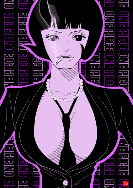 Anime picture 1280x1811 with one piece toei animation shakuyaku (one piece) chris re5 single tall image looking at viewer fringe short hair breasts light erotic black hair large breasts signed parted lips black eyes copyright name sideboob black background smoke