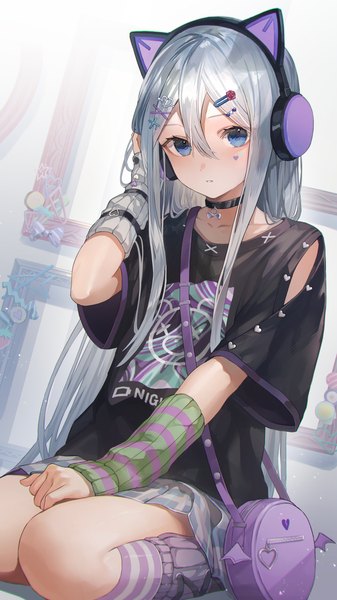 Anime picture 2160x3840 with project sekai yoisaki kanade toruden single long hair tall image looking at viewer fringe highres blue eyes hair between eyes sitting silver hair parted lips arm up wide sleeves short sleeves facial mark plaid skirt clothes writing