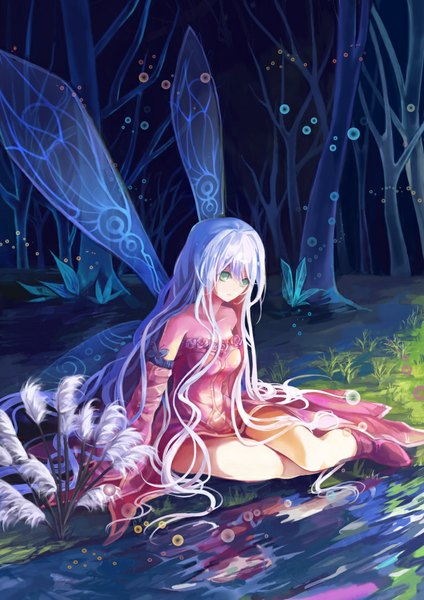 Anime picture 719x1017 with original jinying single long hair tall image blush sitting bare shoulders green eyes white hair night looking down leg lift (legs lift) fantasy fairy girl dress flower (flowers) plant (plants) wings