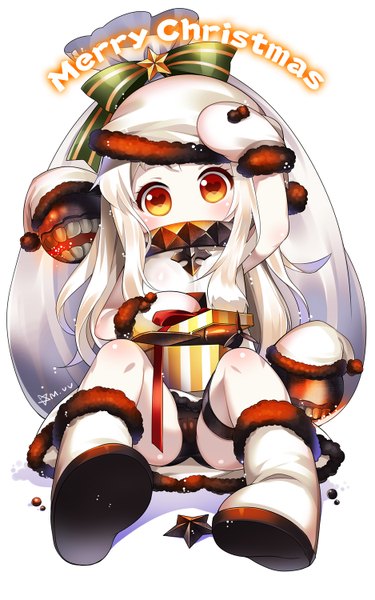 Anime picture 937x1500 with kantai collection northern ocean hime mvv single long hair tall image looking at viewer blush light erotic simple background red eyes white background sitting signed cameltoe christmas revision merry christmas white skin shinkaisei-kan