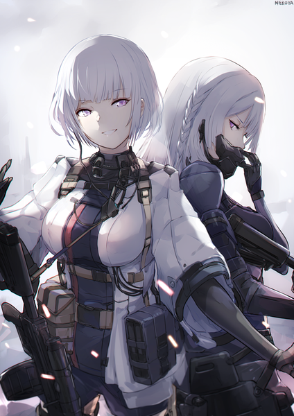 Anime picture 724x1024 with girls frontline rpk-16 (girls frontline) ak-15 (girls frontline) nekoya (liu) long hair tall image looking at viewer fringe short hair breasts simple background smile large breasts standing purple eyes multiple girls signed silver hair blunt bangs braid (braids)