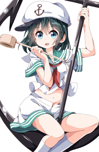 Anime picture 657x1000 with touhou murasa minamitsu ruu (tksymkw) single tall image looking at viewer short hair open mouth blue eyes black hair simple background white background sitting bare belly girl socks white socks sailor suit flat cap anchor