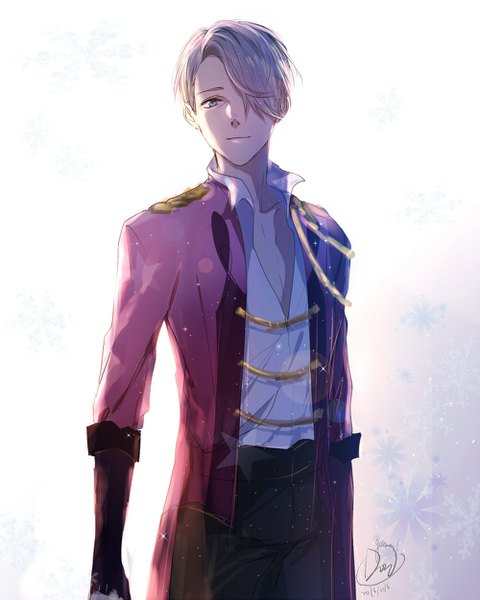 Anime picture 1000x1250 with yuri!!! on ice mappa viktor nikiforov na yeon single tall image looking at viewer fringe short hair simple background standing white background signed silver hair aqua eyes hair over one eye sparkle open shirt popped collar boy