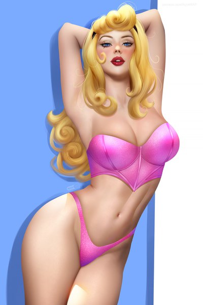 Anime picture 4000x6000 with sleeping beauty disney aurora (sleeping beauty) ayyasap single long hair tall image looking at viewer blush fringe highres breasts blue eyes light erotic simple background blonde hair large breasts standing absurdres cleavage