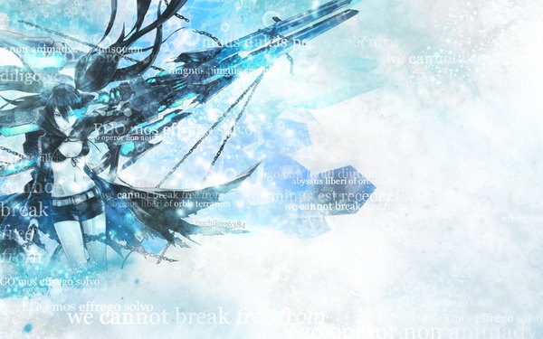 Anime picture 1680x1050 with black rock shooter black rock shooter (character) huke single long hair looking at viewer fringe blue eyes black hair wide image twintails wind inscription wallpaper heterochromia girl navel weapon shorts gun