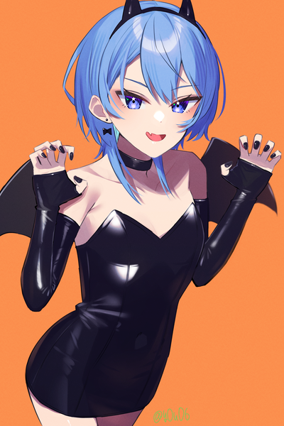 Anime picture 1200x1800 with virtual youtuber hololive hoshimachi suisei you06 single tall image looking at viewer fringe short hair open mouth blue eyes light erotic simple background hair between eyes blue hair nail polish :d flat chest halloween black nail polish