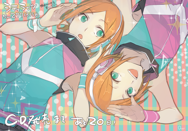 Anime picture 800x557 with ensemble stars! aoi hinata aoi yuuta ryou (kaleidoscope) short hair open mouth green eyes signed orange hair multiple boys sparkle siblings twins salute brothers boy headphones 2 boys vest wristlet