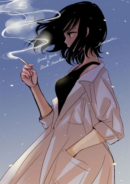 Anime picture 636x900 with original sugano manami single tall image short hair black hair signed looking away profile black eyes text smoke english hand in pocket girl cigarette