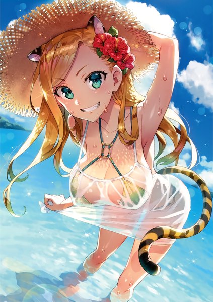 Anime picture 2290x3250 with comic toranoana redrop single long hair tall image looking at viewer blush fringe highres breasts light erotic blonde hair smile large breasts standing animal ears sky cleavage cloud (clouds) outdoors