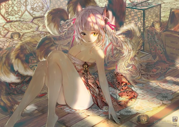 Anime picture 1920x1360 with league of legends ahri (league of legends) crab d single long hair highres breasts light erotic blonde hair sitting animal ears yellow eyes cleavage tail animal tail barefoot bare legs multiple tails girl dress