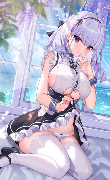 Anime picture 3237x5262 with azur lane dido (azur lane) shanguier single long hair tall image looking at viewer fringe highres breasts light erotic sitting purple eyes absurdres sky silver hair cloud (clouds) bent knee (knees) blunt bangs wind