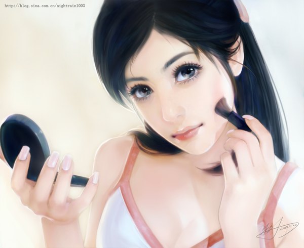 Anime picture 1700x1390 with yu-han single long hair looking at viewer fringe holding signed blue hair nail polish fingernails lips grey eyes makeup girl makeup brush