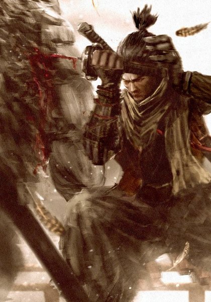 Anime picture 698x998 with sekiro: shadows die twice from software sekiro graffitigw single tall image short hair black hair standing holding looking away ponytail boy weapon sword armor katana blood vambraces