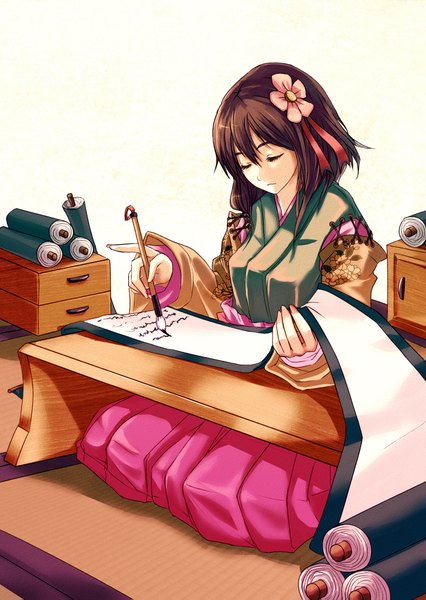 Anime picture 1476x2079 with original iyokamioto single tall image short hair brown hair sitting eyes closed traditional clothes japanese clothes hair flower girl hair ornament paintbrush calligraphy brush scroll