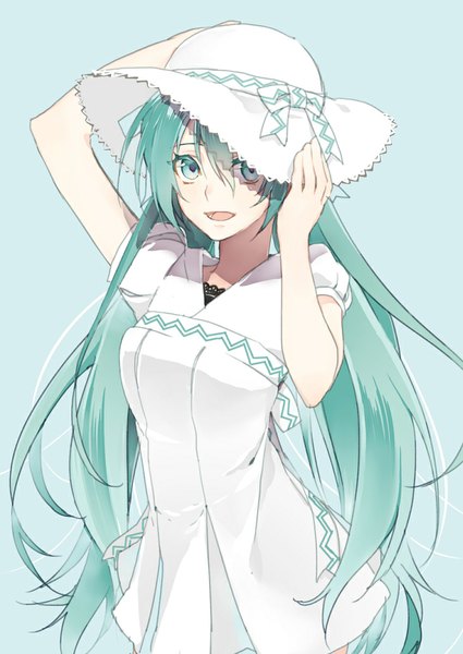 Anime picture 753x1062 with vocaloid hatsune miku aoi sakurako single long hair tall image looking at viewer open mouth simple background twintails aqua eyes aqua hair hand on head aqua background girl dress hat lace hat ribbon