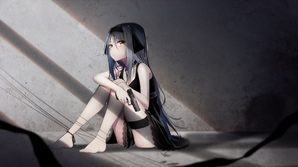 Anime picture 3556x2000 with original the cold single long hair looking at viewer fringe highres light erotic hair between eyes wide image sitting bare shoulders holding yellow eyes cleavage full body barefoot grey hair bare legs :o