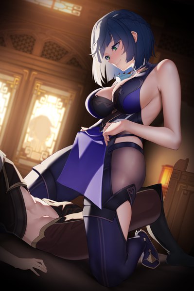 Anime picture 2835x4260 with genshin impact yelan (genshin impact) aether (genshin impact) terebi (shimizu1996) tall image blush fringe highres short hair breasts light erotic black hair smile large breasts bare shoulders green eyes cleavage full body indoors lying