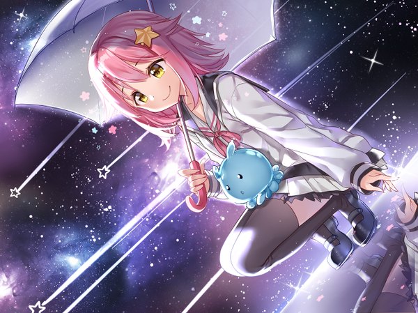 Anime picture 1336x1000 with houkago no pleiades subaru (houkago no pleiades) pleiadean gendo0032 single fringe short hair smile yellow eyes looking away pink hair pleated skirt dutch angle reflection squat space shooting star girl thighhighs skirt