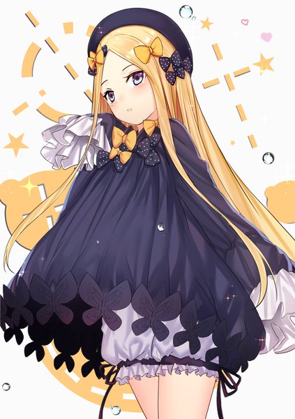 Anime picture 1000x1419 with fate (series) fate/grand order abigail williams (fate) dhfz181 single long hair tall image looking at viewer blush fringe open mouth blue eyes blonde hair simple background hair between eyes standing white background payot hands in sleeves girl