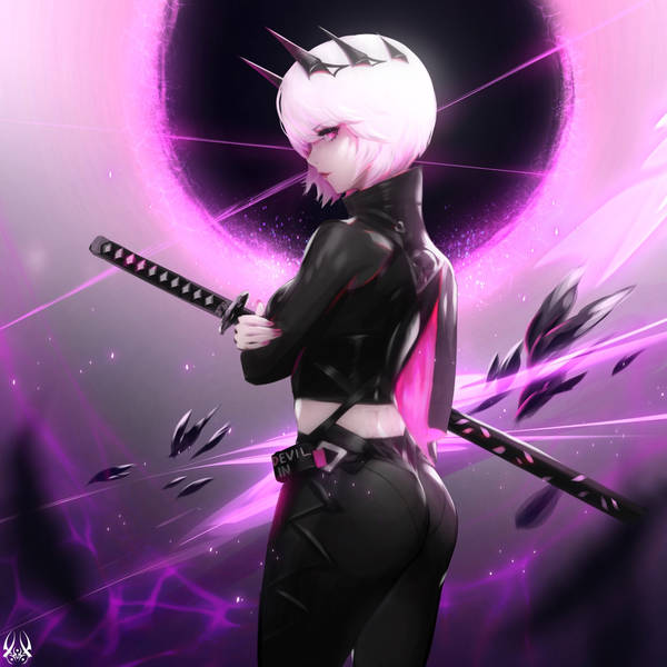 Anime picture 1250x1250 with deathverse (zeronis) original selena (deathverse) paul (shiramune) single looking at viewer fringe short hair breasts light erotic simple background hair between eyes standing holding pink hair ass nail polish profile pink eyes fingernails