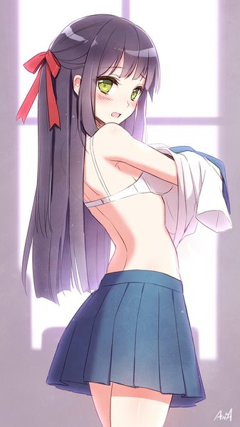 Anime picture 600x1068 with original an2a single long hair tall image looking at viewer blush open mouth light erotic black hair green eyes signed pleated skirt looking back from behind turning head undressing half updo girl skirt