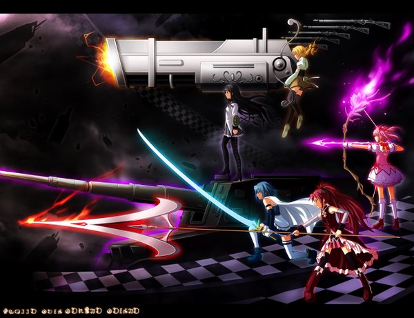 Anime picture 1300x1000 with mahou shoujo madoka magica shaft (studio) akemi homura kaname madoka sakura kyouko miki sayaka tomoe mami shian (my lonly life.) long hair short hair black hair blonde hair multiple girls blue hair pink hair red hair drill hair checkered floor girl dress