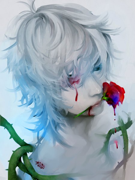 Anime picture 768x1024 with original kidneh single tall image fringe short hair simple background holding signed grey hair black eyes hair over one eye mouth hold shirtless flower in mouth boy flower (flowers) plant (plants) rose (roses) blood