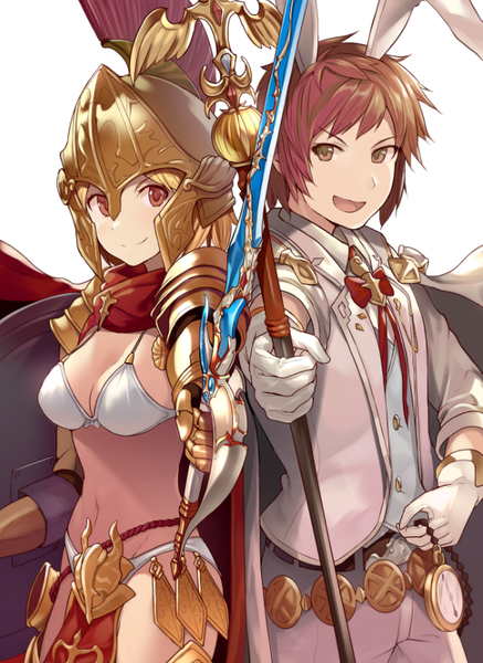 Anime picture 592x812 with granblue fantasy gita (granblue fantasy) gran (granblue fantasy) hinami (hinatamizu) tall image looking at viewer fringe short hair breasts open mouth light erotic blonde hair simple background smile red eyes brown hair large breasts standing white background holding
