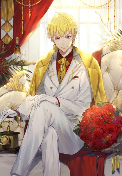 Anime picture 1338x1934 with fate (series) fate/grand order gilgamesh (fate) ekita xuan single tall image looking at viewer short hair blonde hair smile red eyes sitting indoors long sleeves depth of field crossed legs valentine clothes on shoulders adapted costume formal